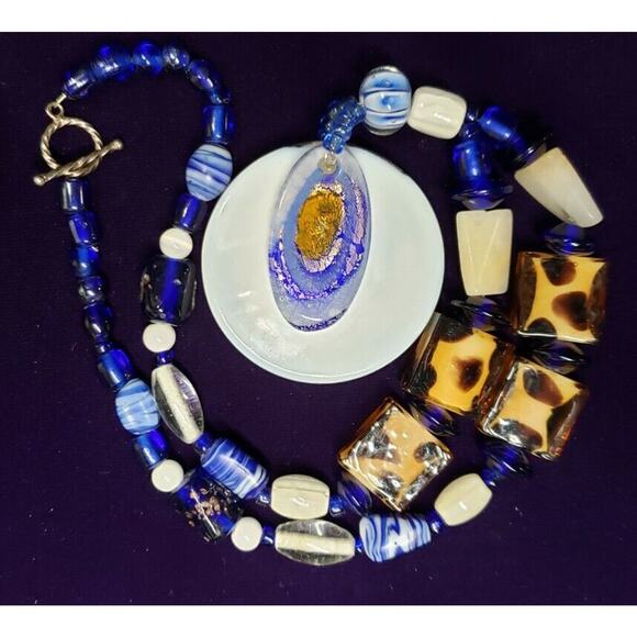 Glass Bead Necklace And Pendant, Blue, White, and Brown, Millefiori, Quartz - Picture 7 of 12